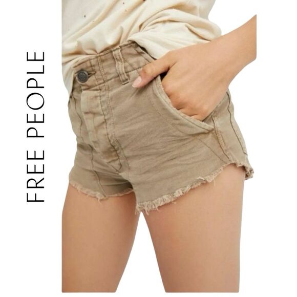 Free People Raw Khaki / Beige Patched Women's Frayed Hem shorts Size 2 - Picture 1 of 10